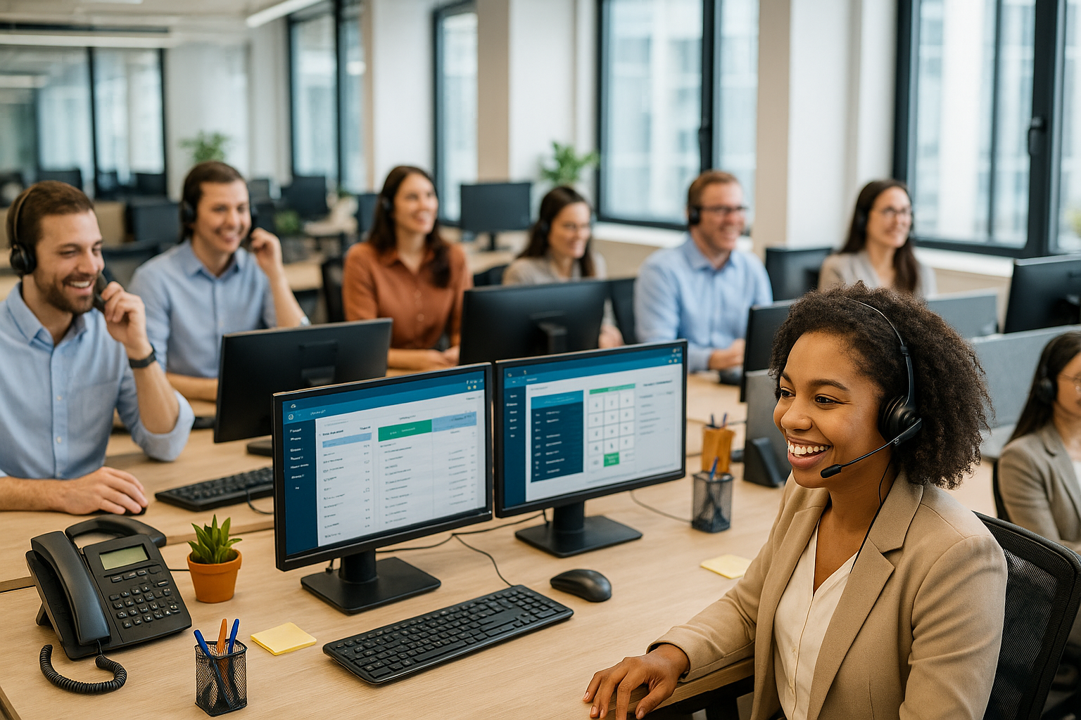 A busy call center with happy agents on the phone